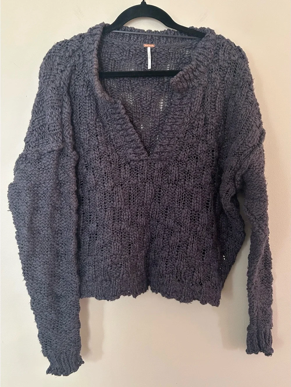 Free People Dark Charcoal V-Neck Chunky Knit Sweater
